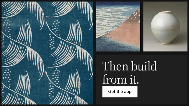 Landscape graphic for Curatively: "Then build from it." Split block style, collage layout, dark palette in black, blue, grey.