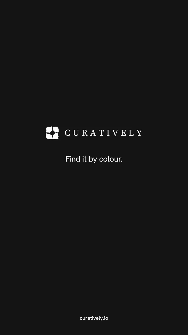 Instagram story for Curatively: "Find it by colour." Swiss style, end card layout, dark palette in black.