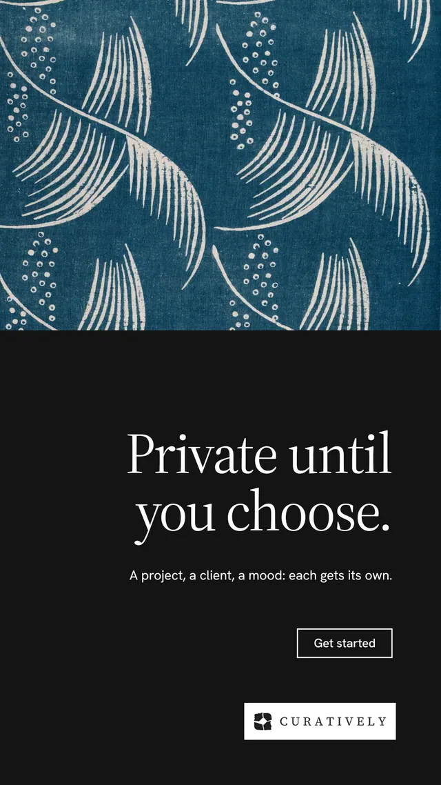 Instagram story for Curatively: "Private until you choose." Editorial style, right layout, dark palette in black, blue, grey.
