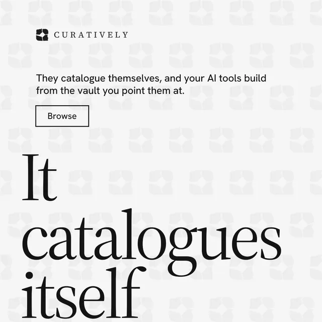 Instagram post for Curatively: "All of it, in one grid." Editorial style, oversized layout, light palette in white, grey.