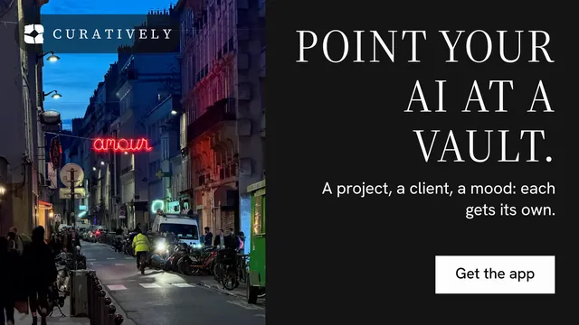 Landscape graphic for Curatively: "Point your AI at a vault." Split block style, right layout, dark palette in black, grey.