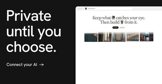 Social ad for Curatively: "Private until you choose." Minimal luxury style, browser layout, light palette in white, black, grey.