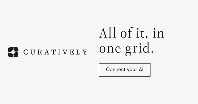 Social ad for Curatively: "All of it, in one grid." Editorial style, logo hero layout, light palette in white.
