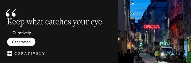 X header for Curatively: "All of it, in one grid." Photo poster style, quote layout, dark palette in black, grey, pink.