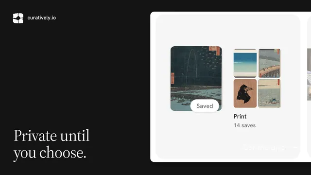 Landscape graphic for Curatively: "Private until you choose." Split block style, image led layout, dark palette in black, white, grey.