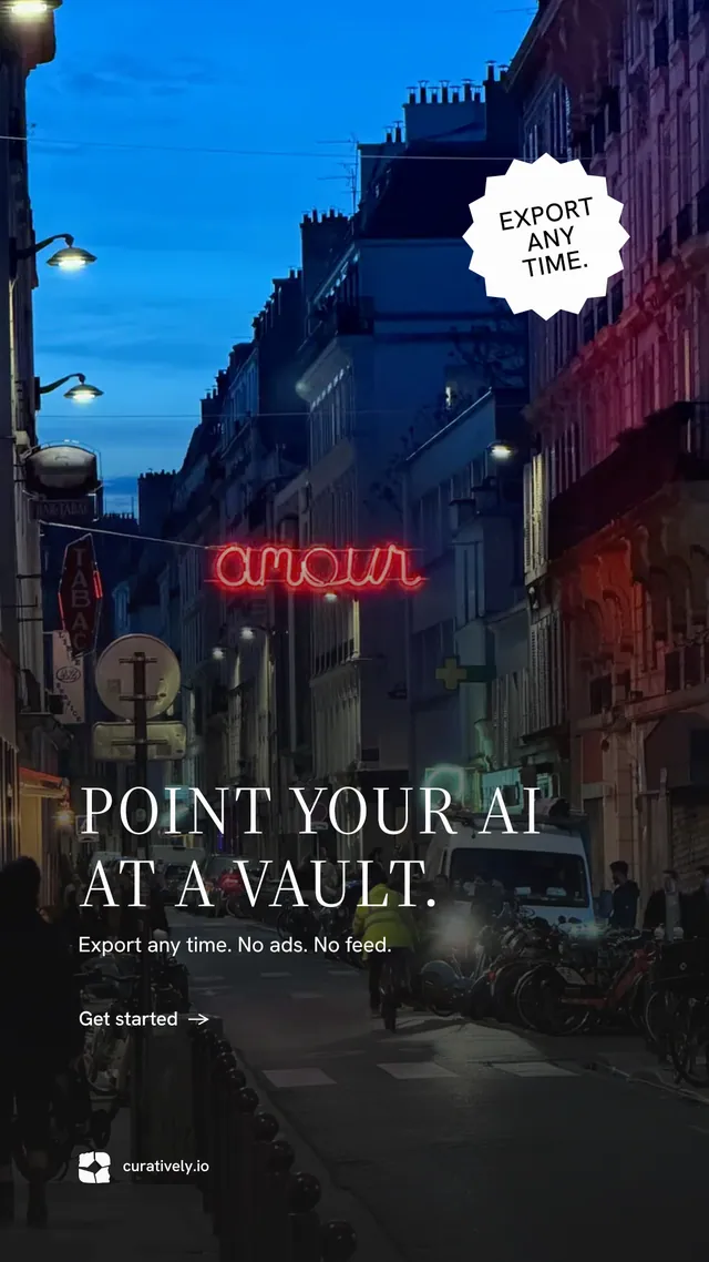 Instagram story for Curatively: "Point your AI at a vault." Minimal luxury style, sticker layout, dark palette in black, blue.
