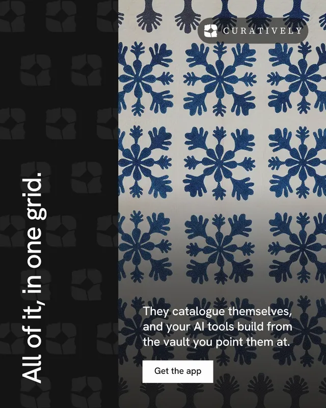 Instagram portrait post for Curatively: "All of it, in one grid." Split block style, vertical layout, dark palette in grey, black.