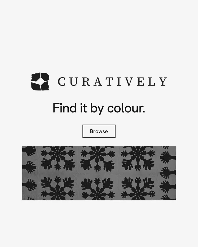 Instagram portrait post for Curatively: "Find it by colour." Editorial style, logo hero layout, light palette in white, grey.
