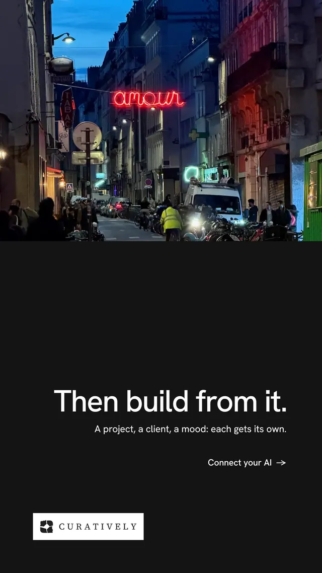 Instagram story for Curatively: "Then build from it." Minimal luxury style, right layout, dark palette in black, purple, grey.
