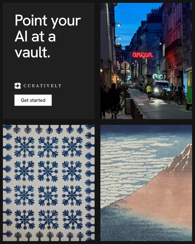 Instagram portrait post for Curatively: "Point your AI at a vault." Swiss style, collage layout, dark palette in grey, black.