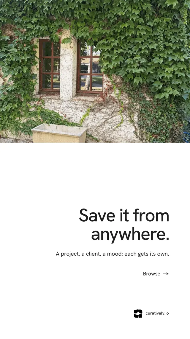 Instagram story for Curatively: "Save it from anywhere." Minimal luxury style, right layout, light palette in white, green, grey.