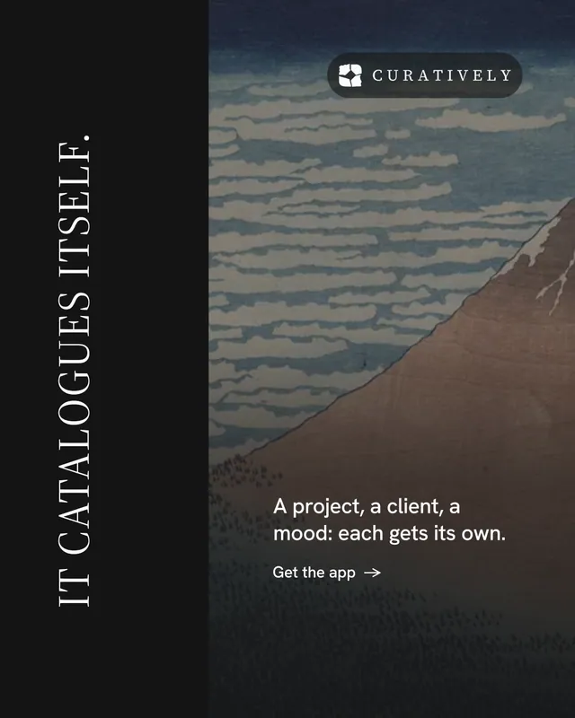 Instagram portrait post for Curatively: "It catalogues itself." Minimal luxury style, vertical layout, dark palette in black, grey.