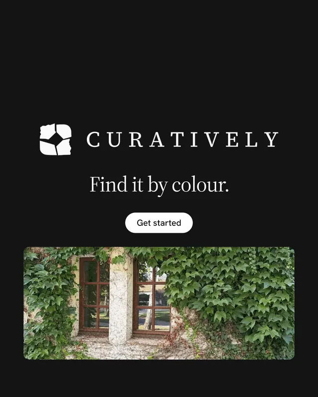 Instagram portrait post for Curatively: "Find it by colour." Photo poster style, logo hero layout, dark palette in black, grey.