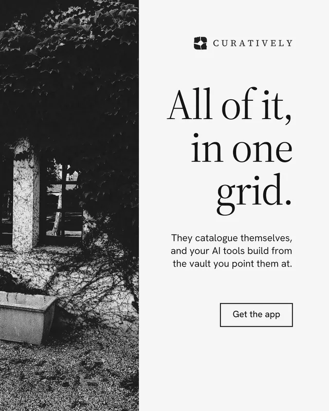 Instagram portrait post for Curatively: "All of it, in one grid." Editorial style, right layout, light palette in white, black, grey.