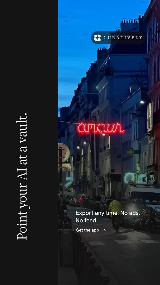 Instagram story for Curatively: "Point your AI at a vault." Minimal luxury style, vertical layout, dark palette in black, blue.