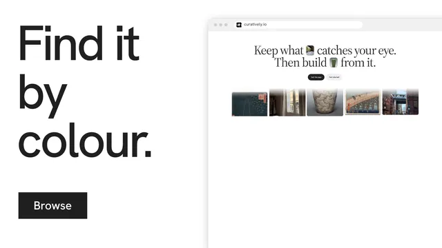 Landscape graphic for Curatively: "Find it by colour." Swiss style, browser layout, light palette in white, grey.