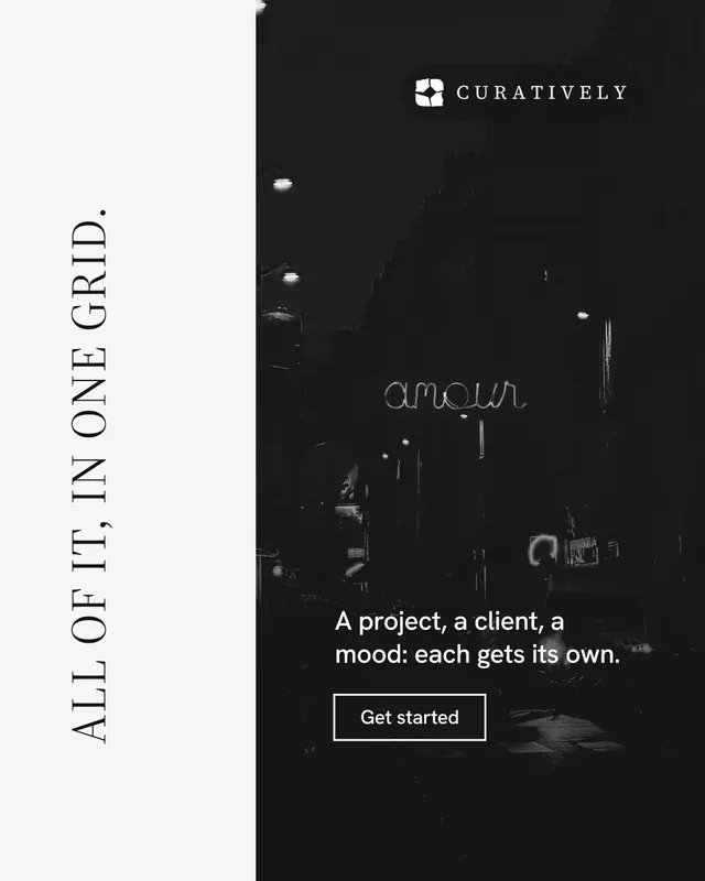 Instagram portrait post for Curatively: "All of it, in one grid." Editorial style, vertical layout, dark palette in black, white.