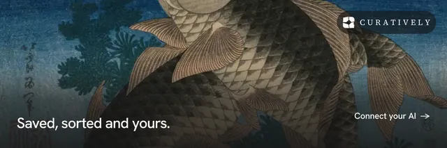 X header for Curatively: "Saved, sorted and yours." Split block style, image led layout, dark palette in black, grey.