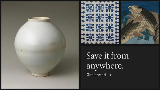 Landscape graphic for Curatively: "Save it from anywhere." Minimal luxury style, collage layout, dark palette in black, grey.