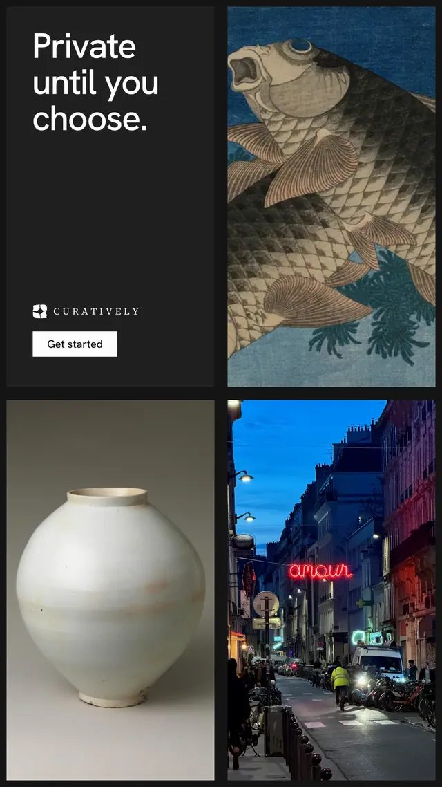 Instagram story for Curatively: "Private until you choose." Swiss style, collage layout, dark palette in black, grey, blue.
