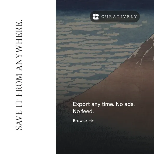 Instagram post for Curatively: "Save it from anywhere." Minimal luxury style, vertical layout, light palette in white, black, grey.