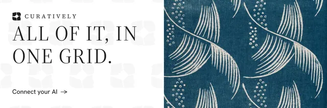 X header for Curatively: "All of it, in one grid." Minimal luxury style, bottom layout, light palette in blue, white, grey.