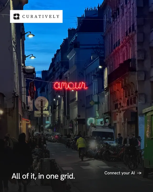 Instagram portrait post for Curatively: "All of it, in one grid." Swiss style, image led layout, dark palette in black, grey, blue.