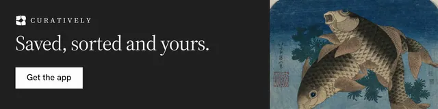 LinkedIn banner for Curatively: "Saved, sorted and yours." Split block style, skeleton layout, dark palette in black, blue, grey.