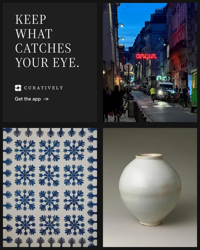 Instagram portrait post for Curatively: "Keep what catches your eye." Minimal luxury style, collage layout, dark palette in grey, black.
