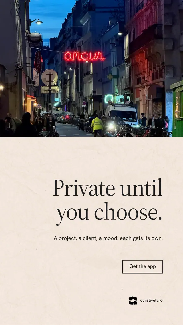 Instagram story for Curatively: "Private until you choose." Editorial style, right layout, light palette in purple, orange, grey.