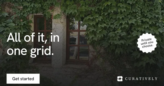Social ad for Curatively: "All of it, in one grid." Swiss style, sticker layout, dark palette in black, green, grey.