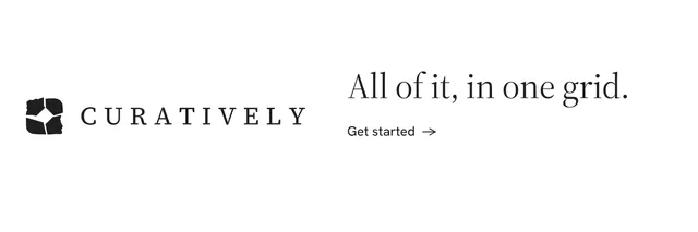 X header for Curatively: "All of it, in one grid." Minimal luxury style, logo hero layout, light palette in white.