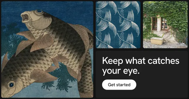 Social ad for Curatively: "Keep what catches your eye." Photo poster style, collage layout, dark palette in black, grey, blue.