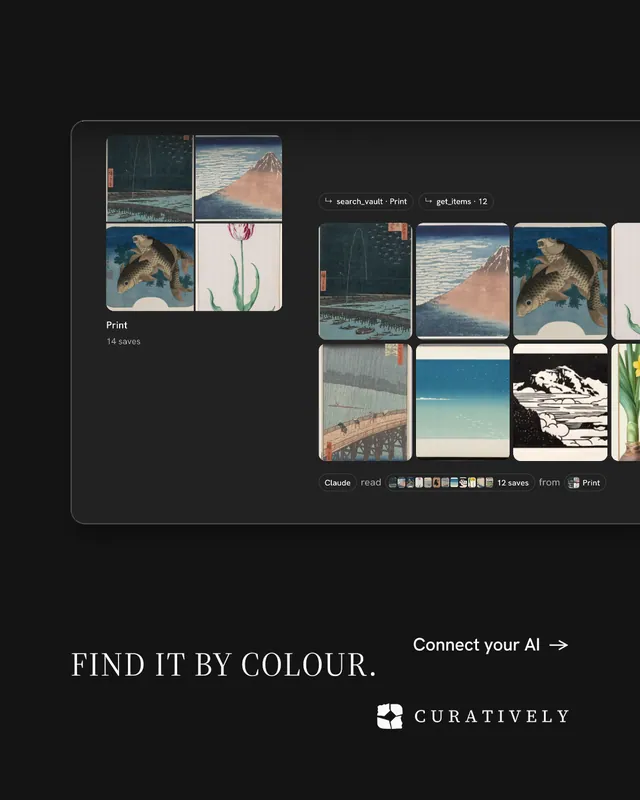 Instagram portrait post for Curatively: "Find it by colour." Minimal luxury style, image led layout, dark palette in black, grey.