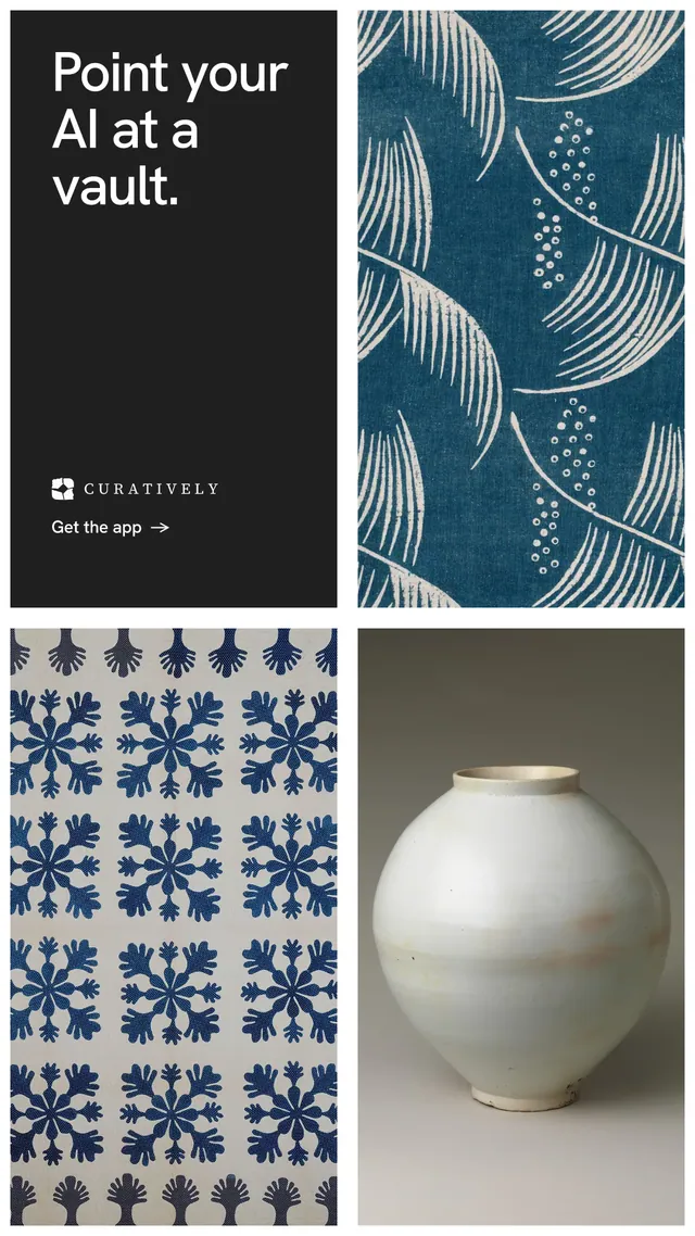 Instagram story for Curatively: "Point your AI at a vault." Minimal luxury style, collage layout, light palette in grey, black, blue.