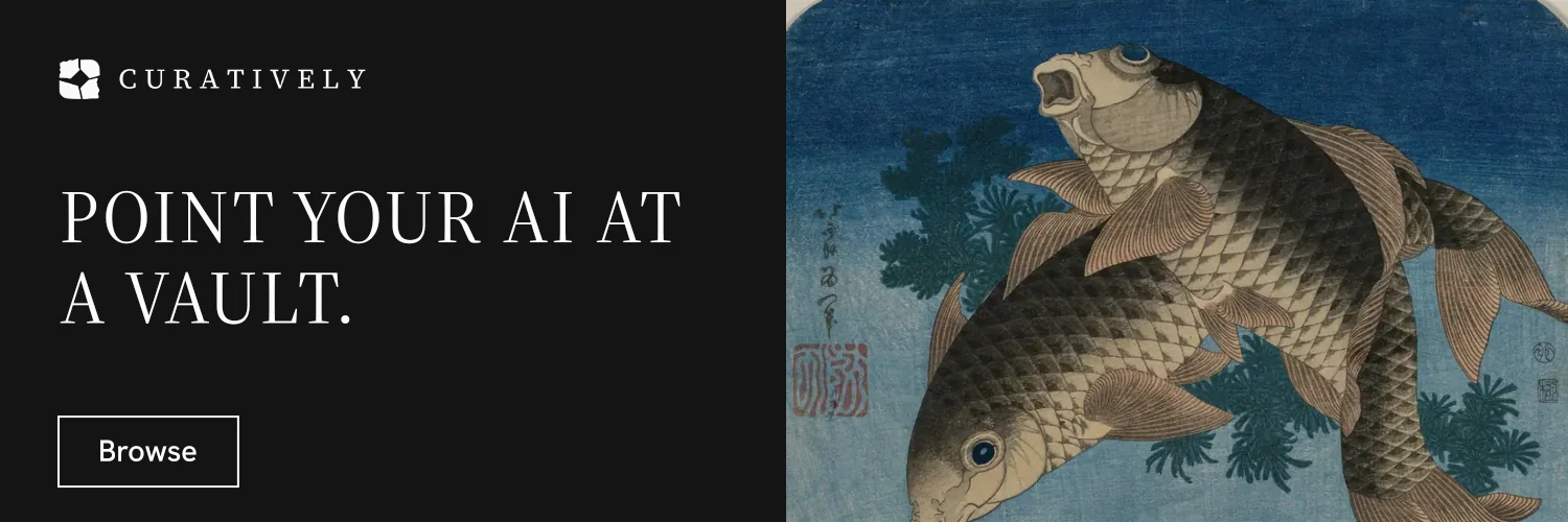 X header for Curatively: "Point your AI at a vault." Editorial style, bottom layout, dark palette in black, blue, grey.