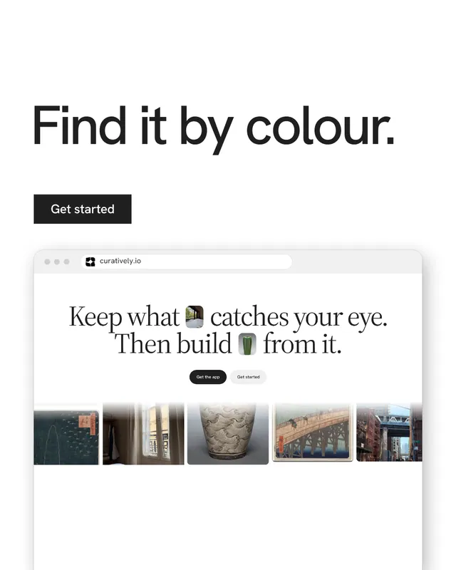 Instagram portrait post for Curatively: "Find it by colour." Swiss style, browser layout, light palette in white, grey.