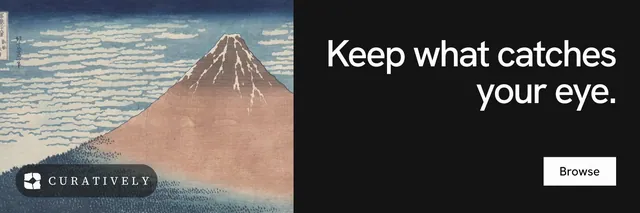 X header for Curatively: "Keep what catches your eye." Swiss style, right layout, dark palette in black, grey.