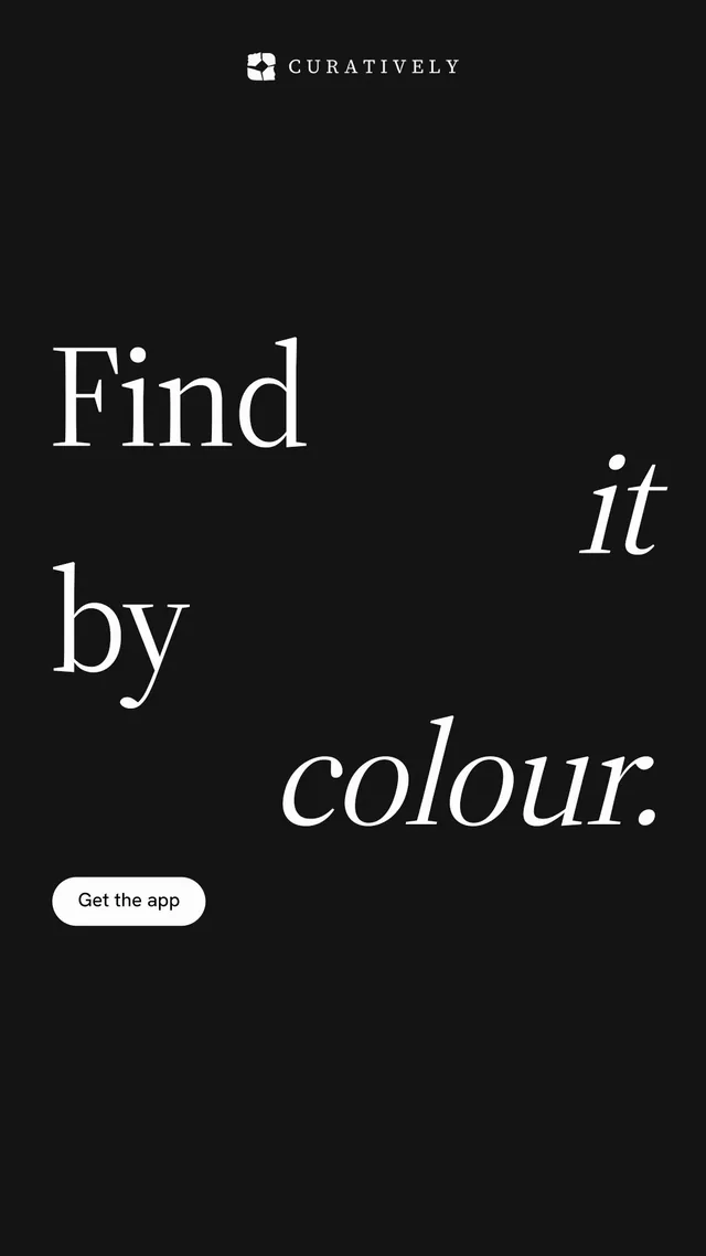 Instagram story for Curatively: "Find it by colour." Photo poster style, stacked layout, dark palette in black.