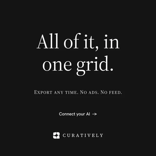 Instagram post for Curatively: "All of it, in one grid." Minimal luxury style, smallcaps layout, dark palette in black.