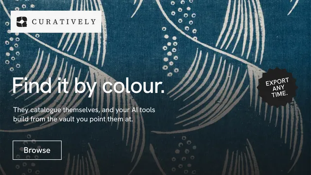Landscape graphic for Curatively: "Find it by colour." Editorial style, sticker layout, dark palette in blue, grey.