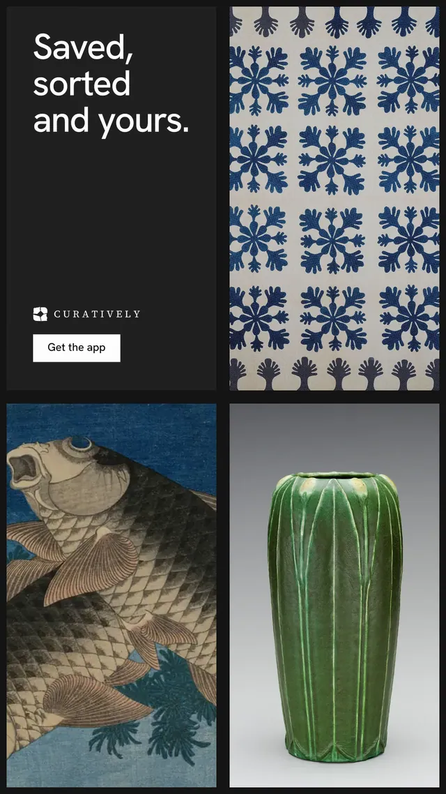 Instagram story for Curatively: "Saved, sorted and yours." Split block style, collage layout, dark palette in black, grey.