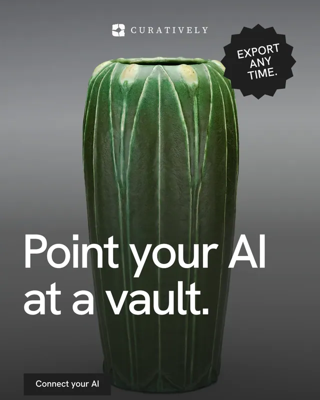 Instagram portrait post for Curatively: "Point your AI at a vault." Swiss style, sticker layout, dark palette in grey, black.