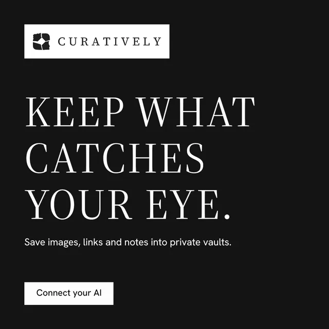 Instagram post for Curatively: "Keep what catches your eye." Split block style, announce layout, dark palette in black, grey.