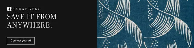 LinkedIn banner for Curatively: "Save it from anywhere." Editorial style, bottom layout, dark palette in black, blue, grey.