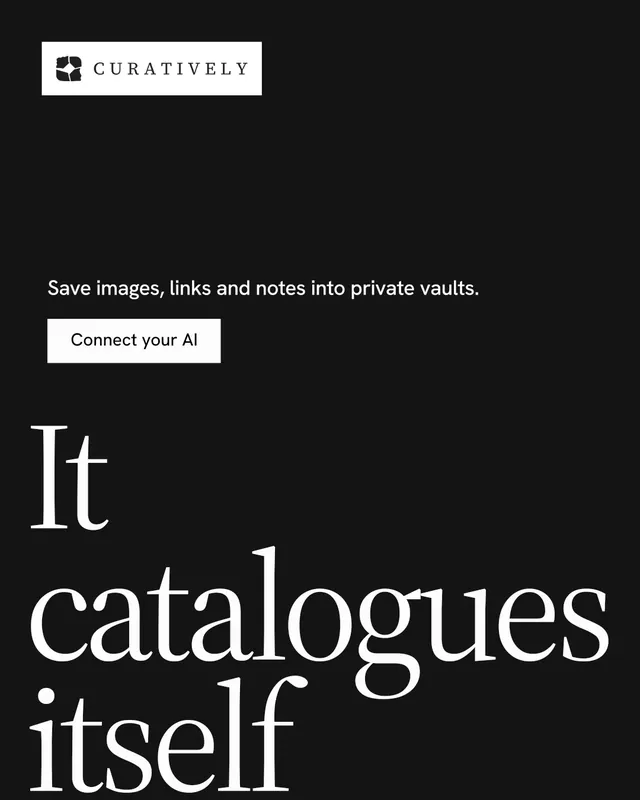 Instagram portrait post for Curatively: "Keep what catches your eye." Split block style, oversized layout, dark palette in black, grey.