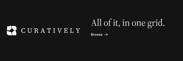 X header for Curatively: "All of it, in one grid." Minimal luxury style, logo hero layout, dark palette in black.