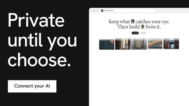Landscape graphic for Curatively: "Private until you choose." Swiss style, browser layout, light palette in white, black, grey.