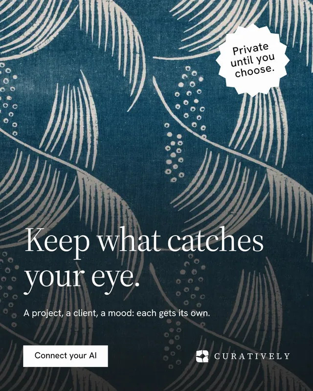 Instagram portrait post for Curatively: "Keep what catches your eye." Split block style, sticker layout, dark palette in blue, grey.