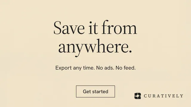 Landscape graphic for Curatively: "Save it from anywhere." Editorial style, centred layout, light palette in orange.